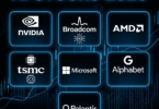 "A futuristic financial trading screen displaying AI company stock charts, glowing artificial intelligence holograms, semiconductor chips, cloud computing icons, digital finance dashboard, blue neon lighting, ultra-realistic, 8K, professional technology illustration."