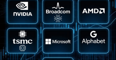 "A futuristic financial trading screen displaying AI company stock charts, glowing artificial intelligence holograms, semiconductor chips, cloud computing icons, digital finance dashboard, blue neon lighting, ultra-realistic, 8K, professional technology illustration."