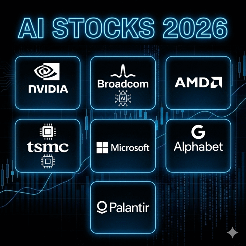 "A futuristic financial trading screen displaying AI company stock charts, glowing artificial intelligence holograms, semiconductor chips, cloud computing icons, digital finance dashboard, blue neon lighting, ultra-realistic, 8K, professional technology illustration."